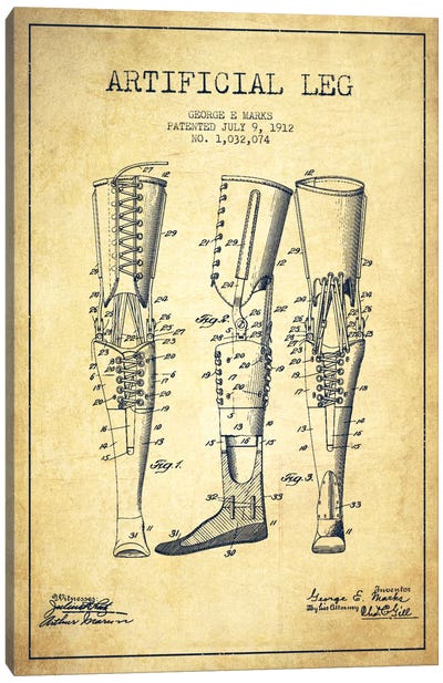 Artificial Leg Vintage Patent Blueprint Canvas Art Print - Medical & Dental Blueprints