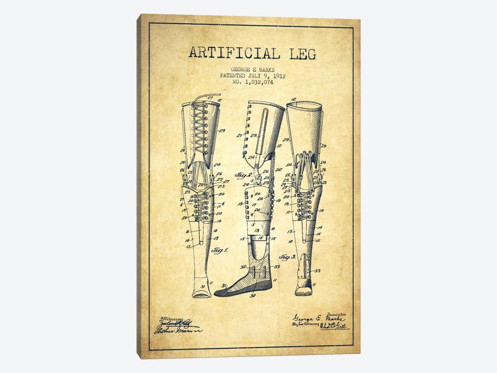 Artificial Leg Vintage Patent Blueprint by Aged Pixel 1-piece Canvas Artwork