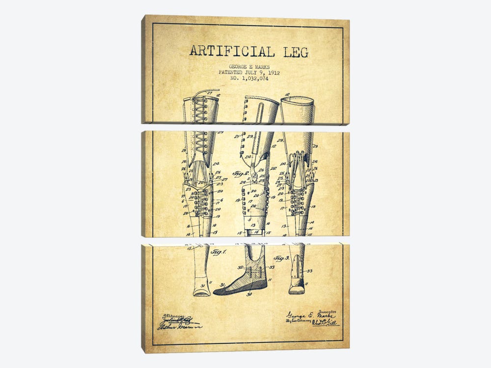 Artificial Leg Vintage Patent Blueprint by Aged Pixel 3-piece Canvas Artwork