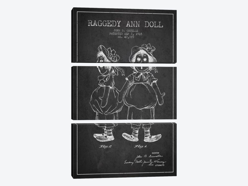 Raggedy Ann Dark Patent Blueprint by Aged Pixel 3-piece Canvas Art Print