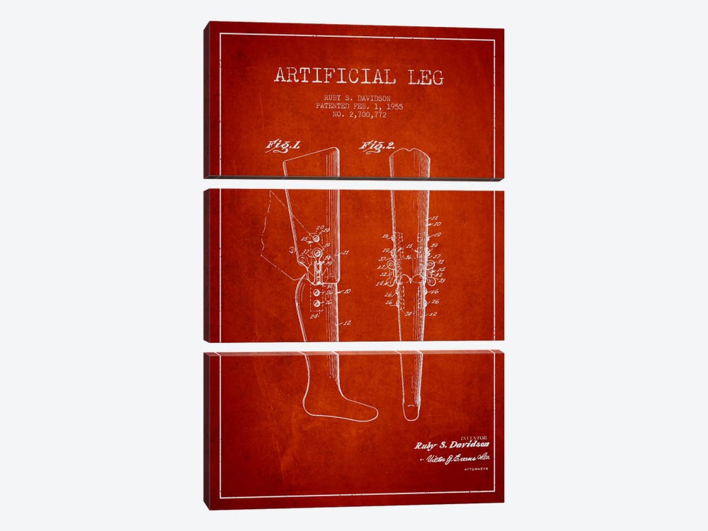 Artificial Leg Red Patent Blueprint by Aged Pixel 3-piece Canvas Print