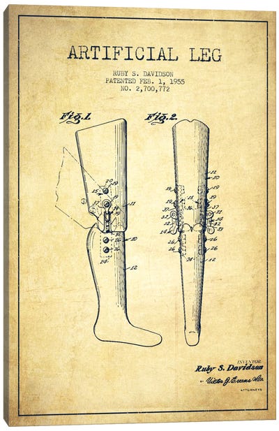 Artificial Leg Vintage Patent Blueprint Canvas Art Print - Aged Pixel: Medical & Dental