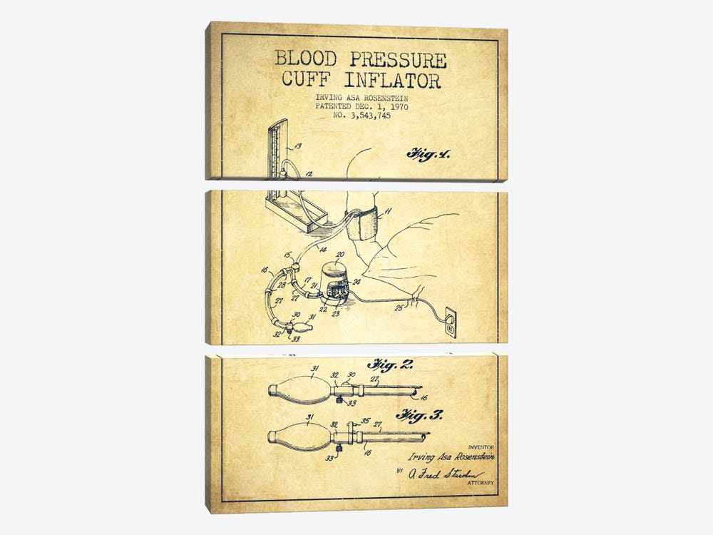 Blood Pressure Vintage Patent Blueprint by Aged Pixel 3-piece Canvas Print