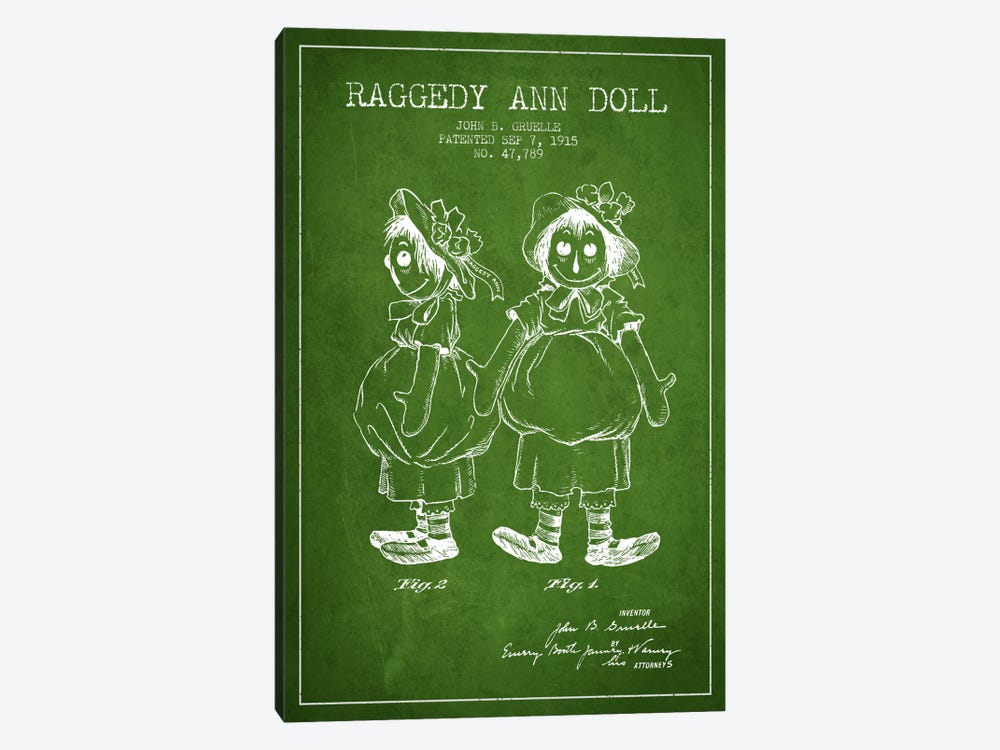 Raggedy Ann Green Patent Blueprint by Aged Pixel 1-piece Canvas Artwork