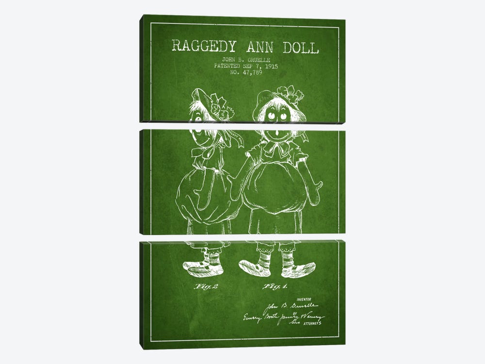 Raggedy Ann Green Patent Blueprint by Aged Pixel 3-piece Canvas Art