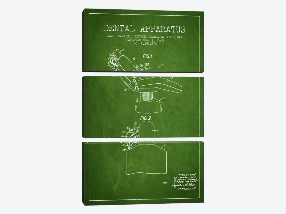 Dental Apparatus Green Patent Blueprint by Aged Pixel 3-piece Canvas Art