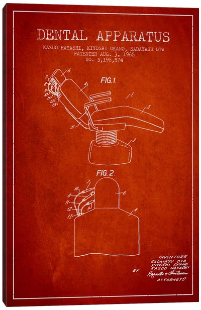Dental Apparatus Red Patent Blueprint Canvas Art Print - Aged Pixel: Medical & Dental