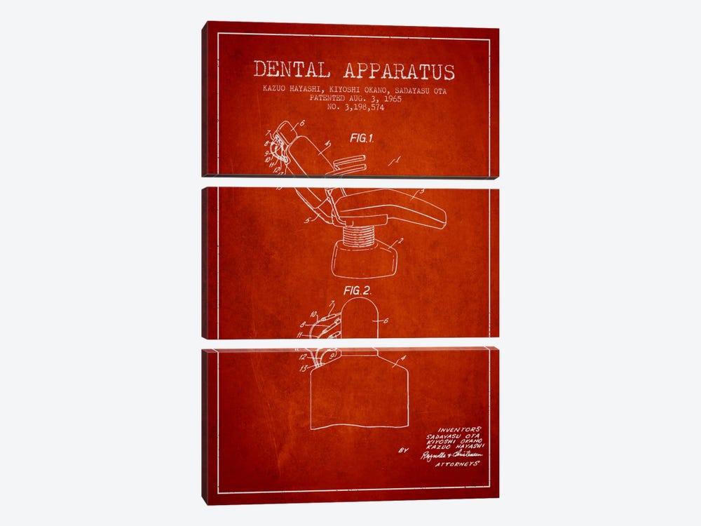 Dental Apparatus Red Patent Blueprint by Aged Pixel 3-piece Canvas Wall Art