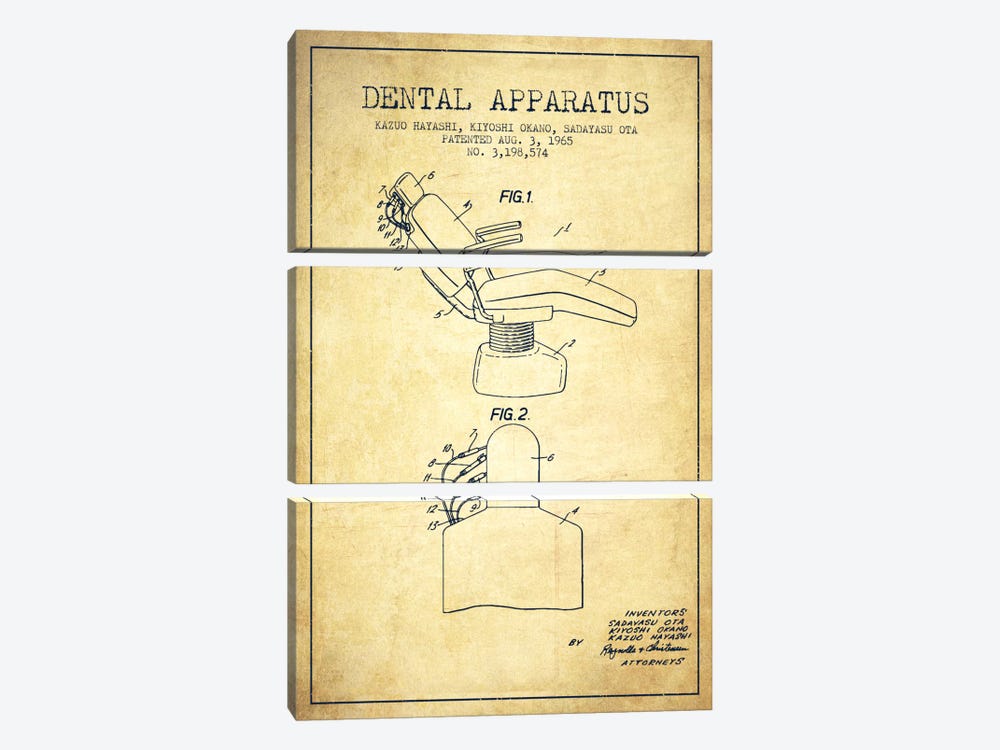 Dental Apparatus Vintage Patent Blueprint by Aged Pixel 3-piece Canvas Print