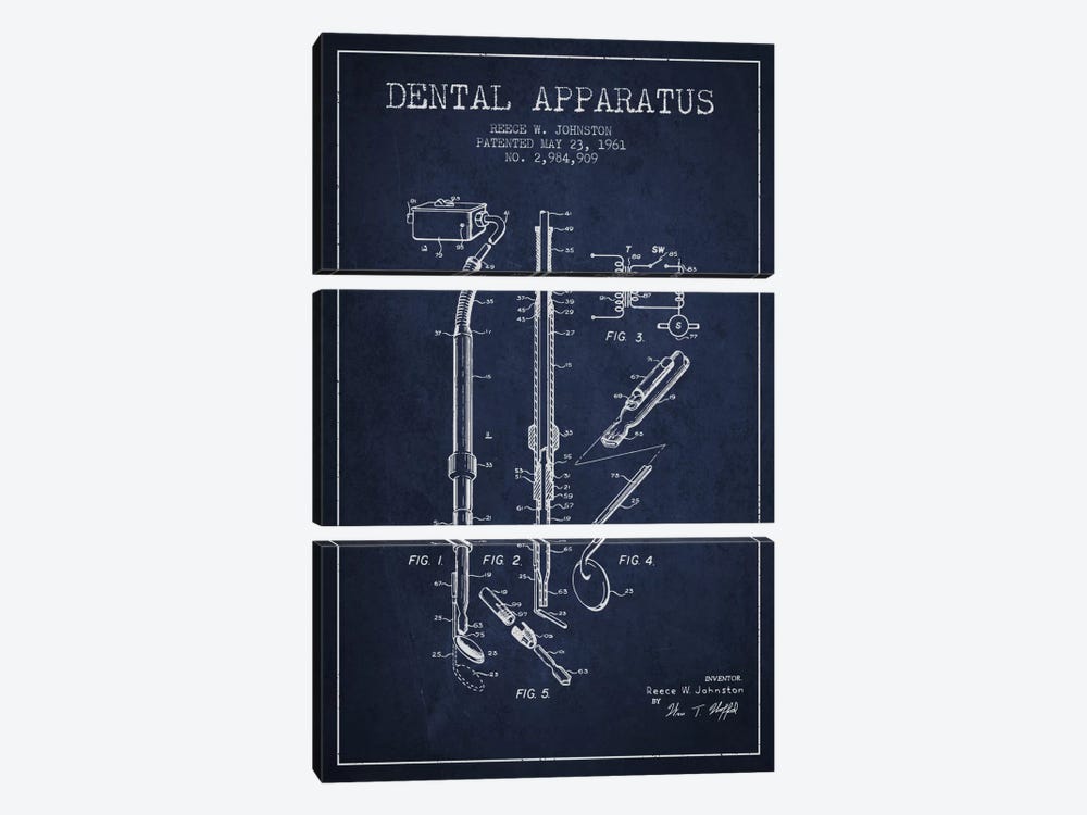 Dental Apparatus Navy Blue Patent Blueprint by Aged Pixel 3-piece Canvas Artwork