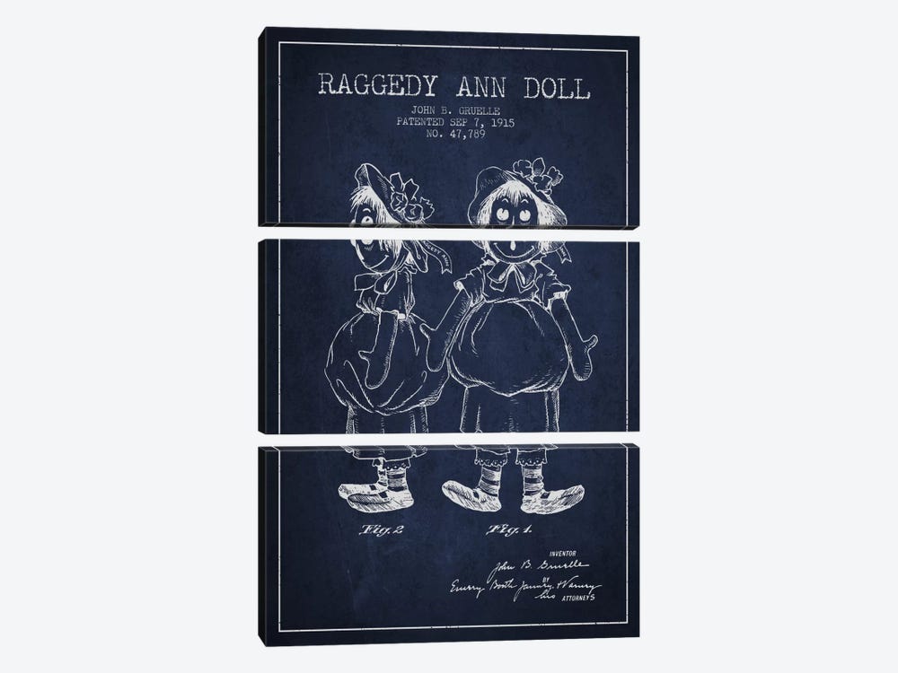 Raggedy Ann Navy Blue Patent Blueprint by Aged Pixel 3-piece Canvas Print