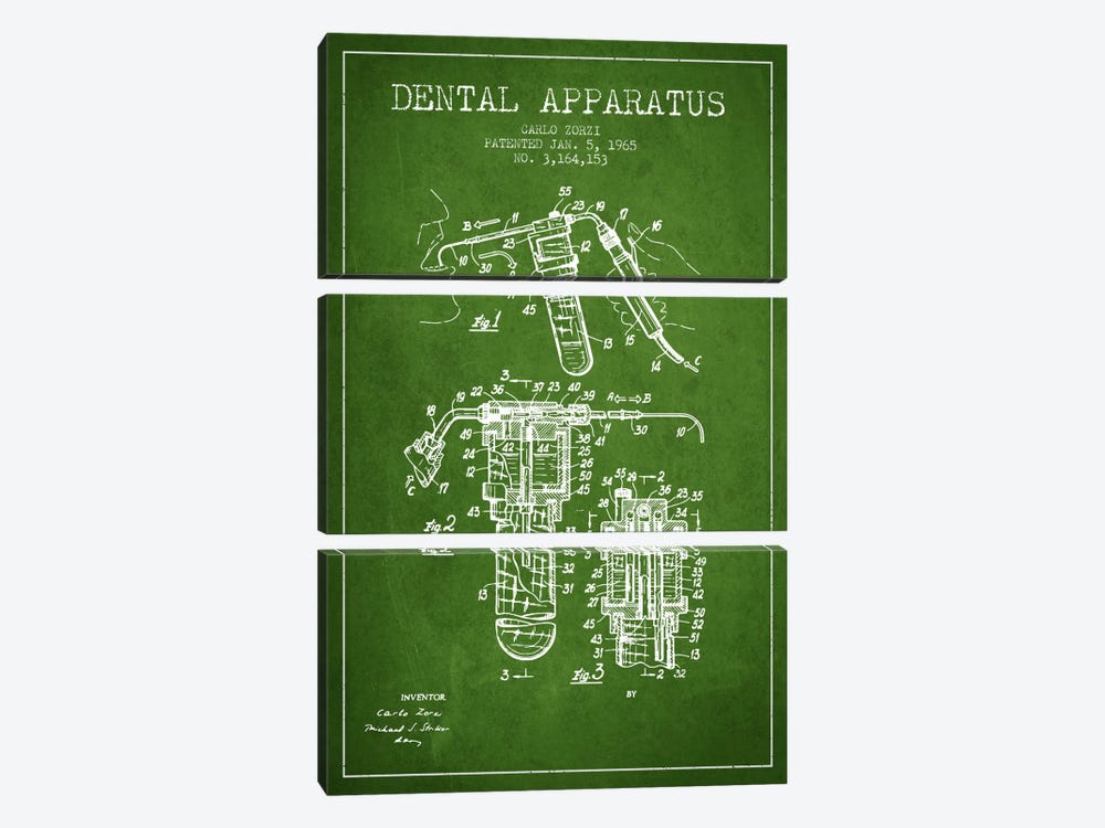 Dental Apparatus Green Patent Blueprint by Aged Pixel 3-piece Art Print