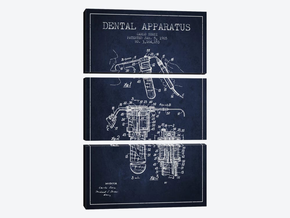 Dental Apparatus Navy Blue Patent Blueprint by Aged Pixel 3-piece Canvas Wall Art