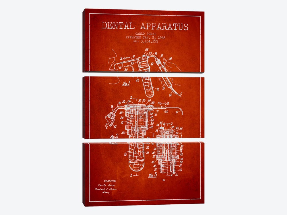 Dental Apparatus Red Patent Blueprint by Aged Pixel 3-piece Canvas Art Print