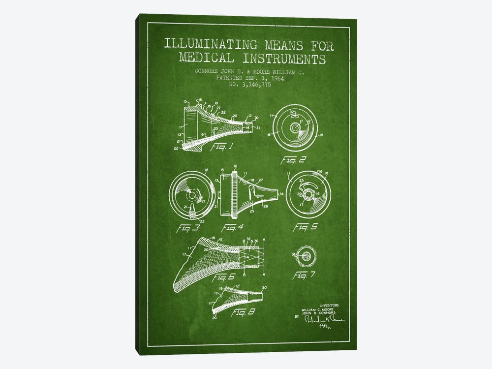 Medical Instruments Green Patent Blueprint by Aged Pixel 1-piece Canvas Art