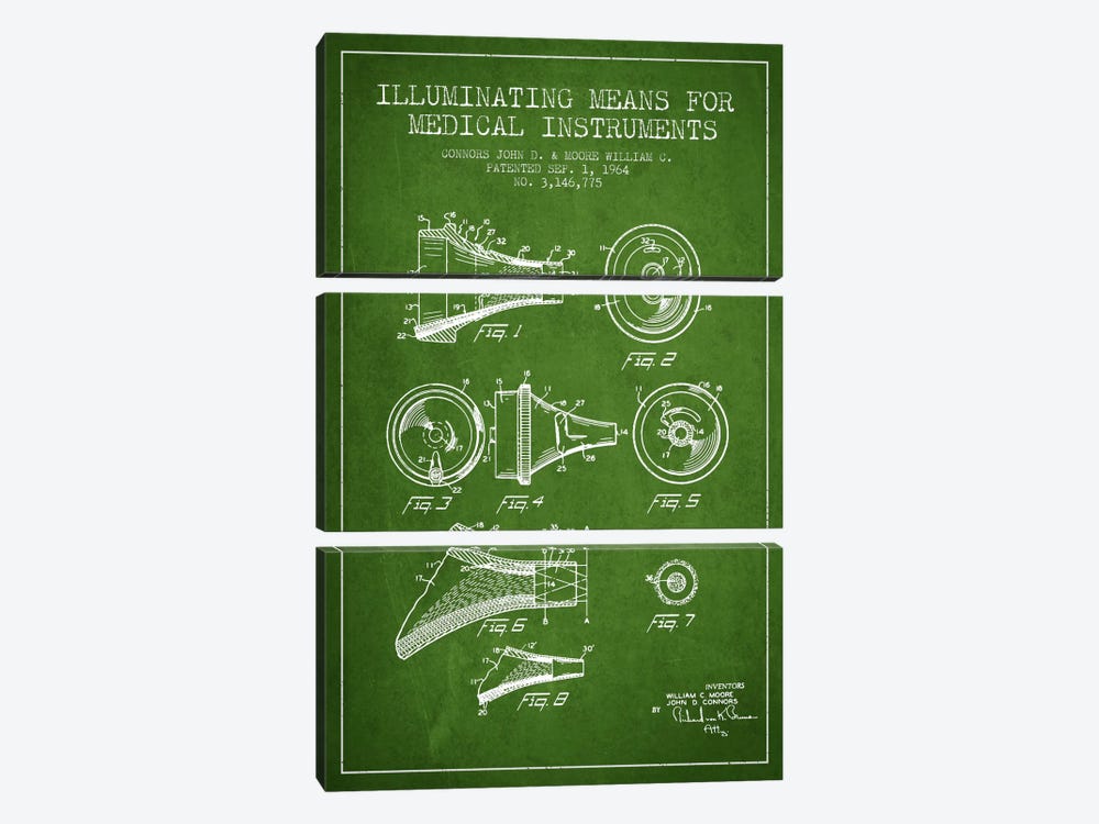 Medical Instruments Green Patent Blueprint by Aged Pixel 3-piece Canvas Art