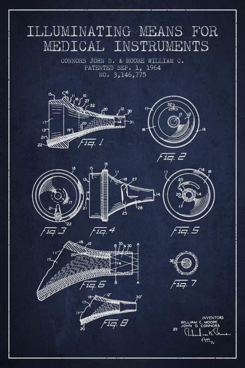 Medical Instruments Navy Blue Patent Blueprint by Aged Pixel wall art