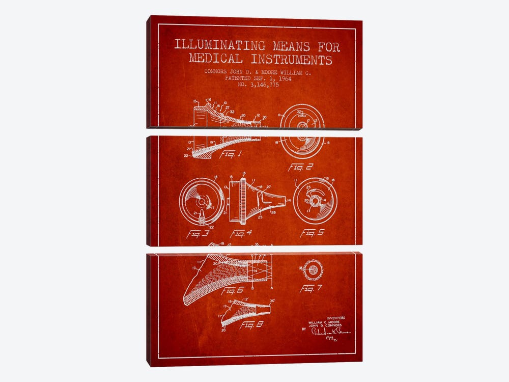 Medical Instruments Red Patent Blueprint by Aged Pixel 3-piece Canvas Wall Art