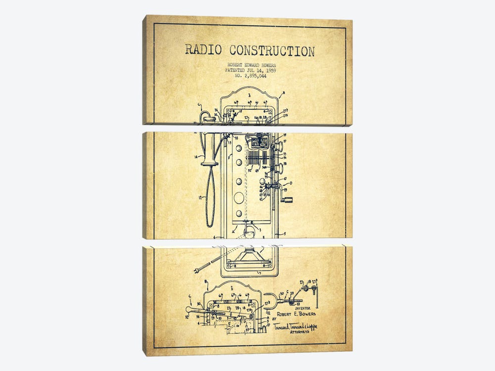 Bowers Radio Vintage Patent Blueprint by Aged Pixel 3-piece Canvas Art Print