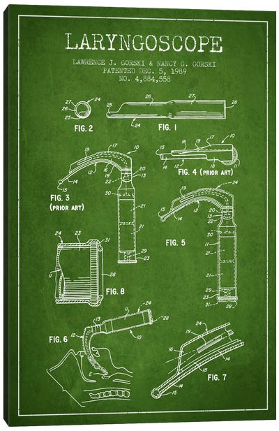Laryngoscope Green Patent Blueprint Canvas Art Print - Medical & Dental Blueprints