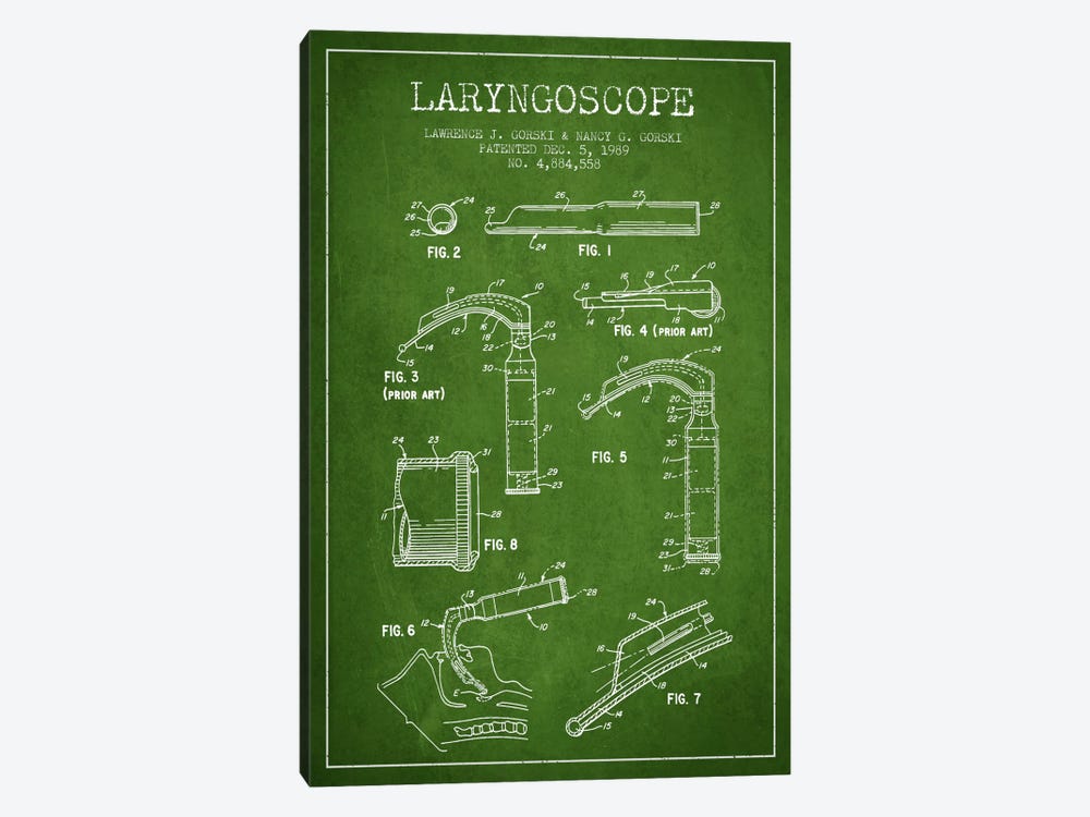 Laryngoscope Green Patent Blueprint by Aged Pixel 1-piece Canvas Art