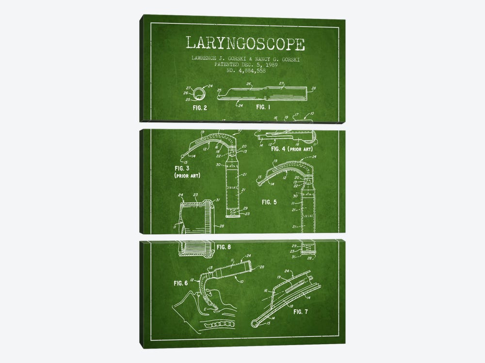 Laryngoscope Green Patent Blueprint by Aged Pixel 3-piece Canvas Art