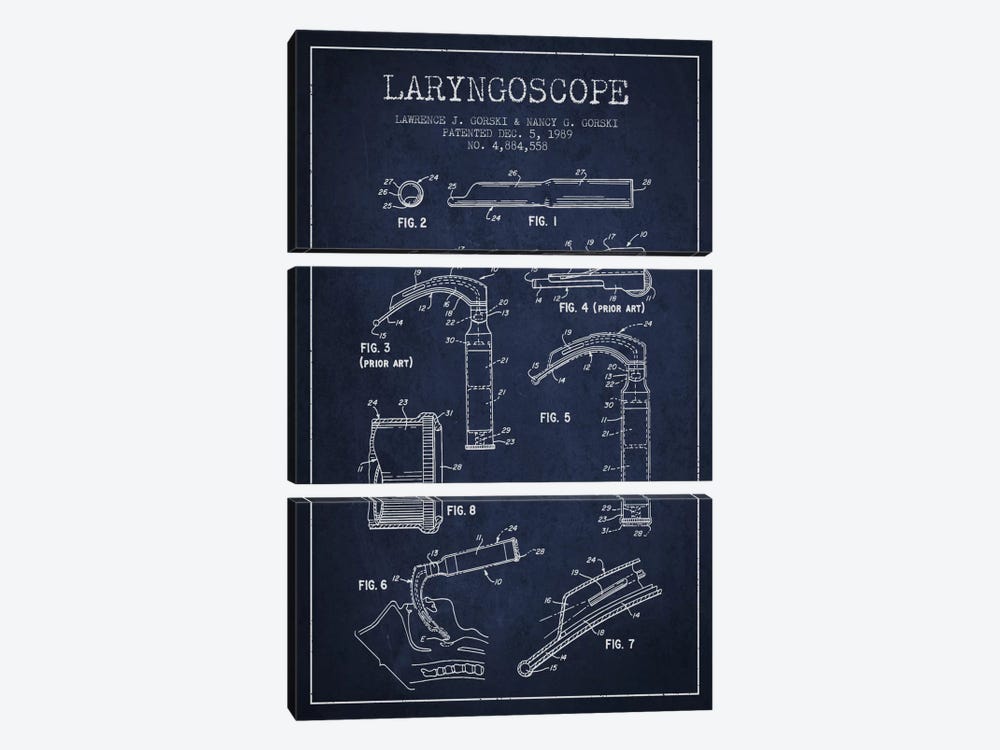 Laryngoscope Navy Blue Patent Blueprint by Aged Pixel 3-piece Canvas Print