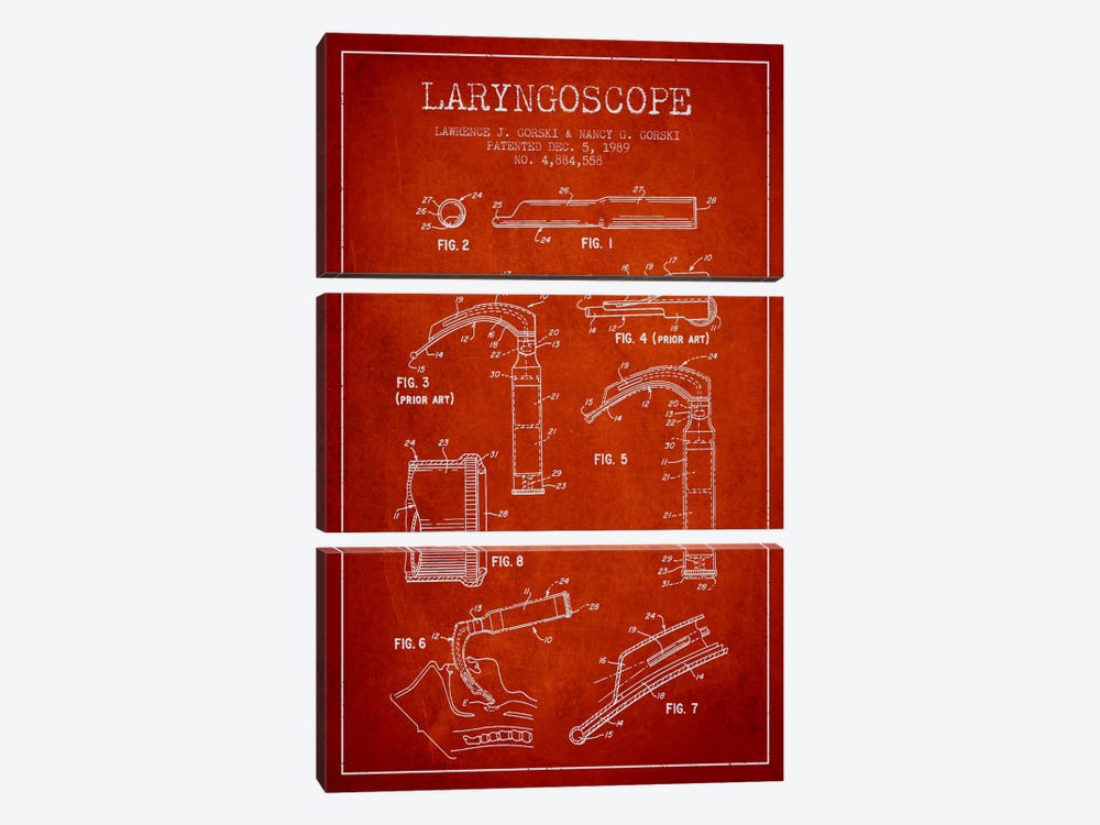 Laryngoscope Red Patent Blueprint by Aged Pixel 3-piece Canvas Art