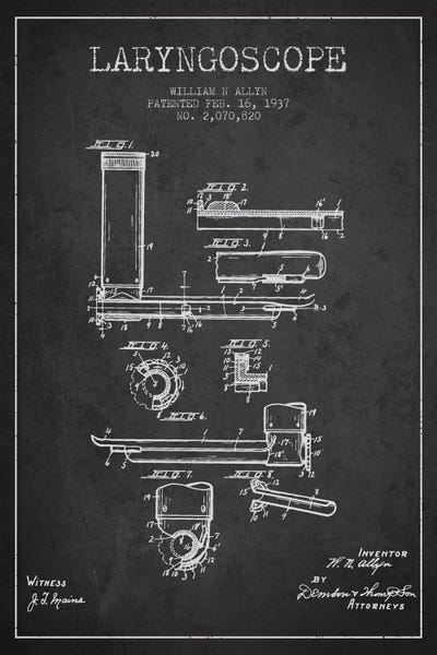 Medical & Dental Blueprints: Laryngoscope Charcoal Patent Blueprint by Aged Pixel
