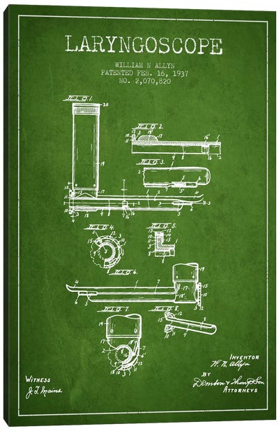 Laryngoscope Green Patent Blueprint Canvas Art Print - Aged Pixel: Medical & Dental