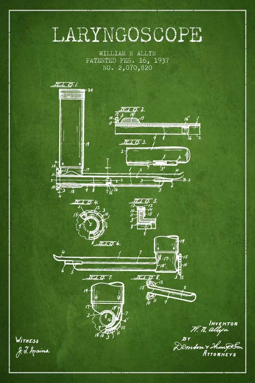 Laryngoscope Green Patent Blueprint by Aged Pixel wall art