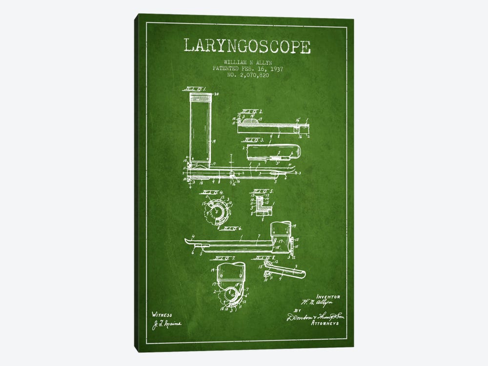 Laryngoscope Green Patent Blueprint by Aged Pixel 1-piece Canvas Art Print