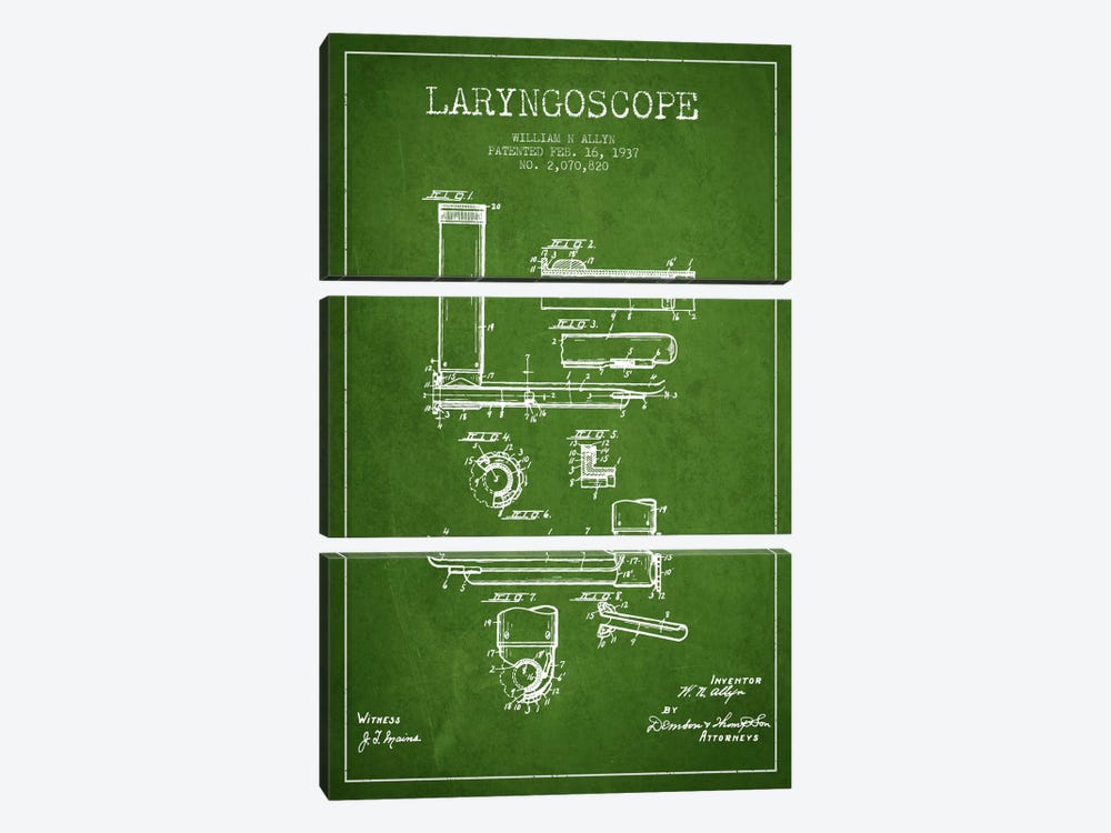 Laryngoscope Green Patent Blueprint by Aged Pixel 3-piece Canvas Art Print