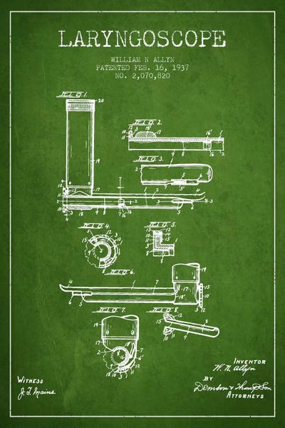 Medical & Dental Blueprints: Laryngoscope Green Patent Blueprint by Aged Pixel