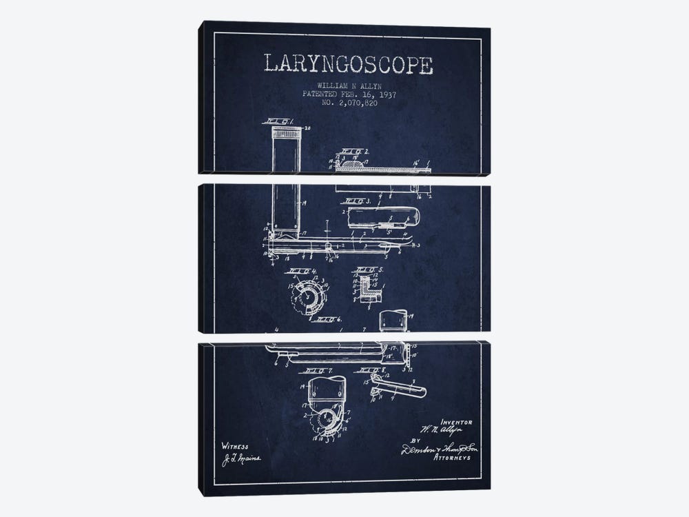 Laryngoscope Navy Blue Patent Blueprint by Aged Pixel 3-piece Canvas Wall Art
