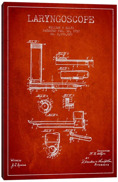 Laryngoscope Red Patent Blueprint Canvas Art Print - Aged Pixel: Medical & Dental