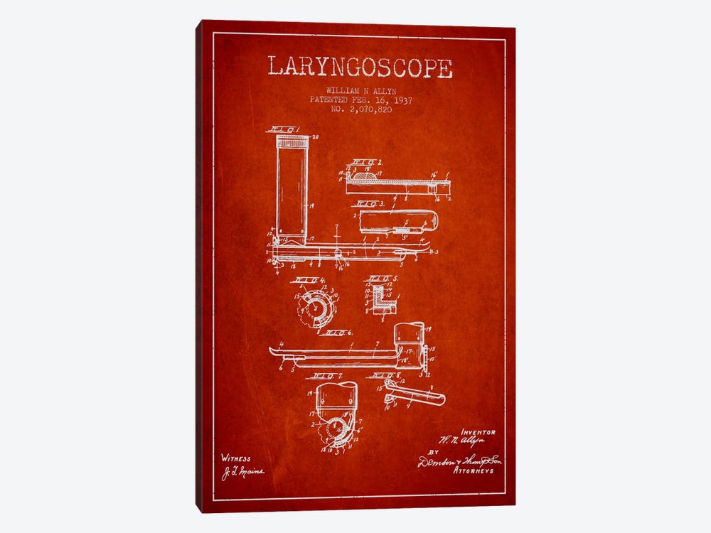 Laryngoscope Red Patent Blueprint by Aged Pixel 1-piece Canvas Art Print