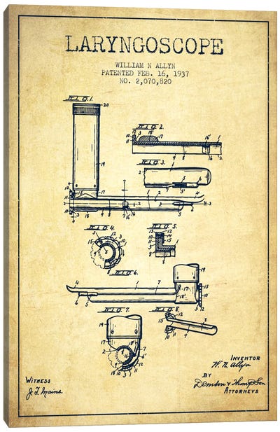 Laryngoscope Vintage Patent Blueprint Canvas Art Print - Medical & Dental Blueprints