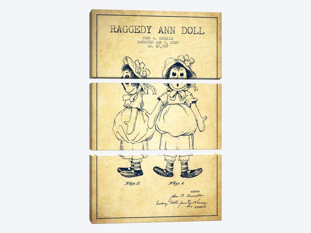 Raggedy Ann Vintage Patent Blueprint by Aged Pixel 3-piece Canvas Wall Art