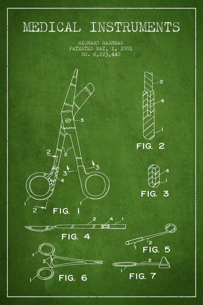 Medical Instruments Green Patent Blueprint by Aged Pixel art print