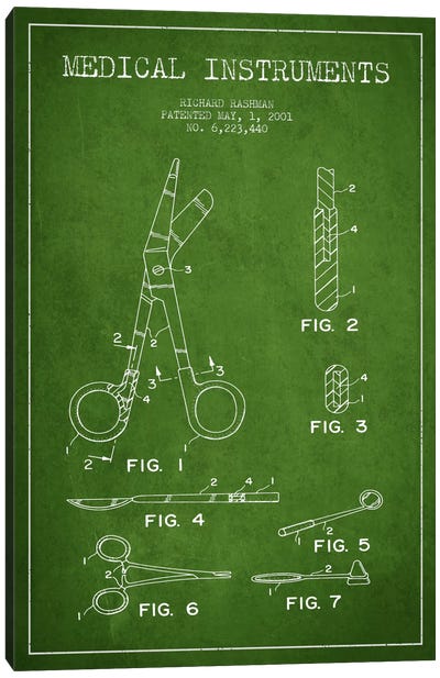 Medical Instruments Green Patent Blueprint Canvas Art Print