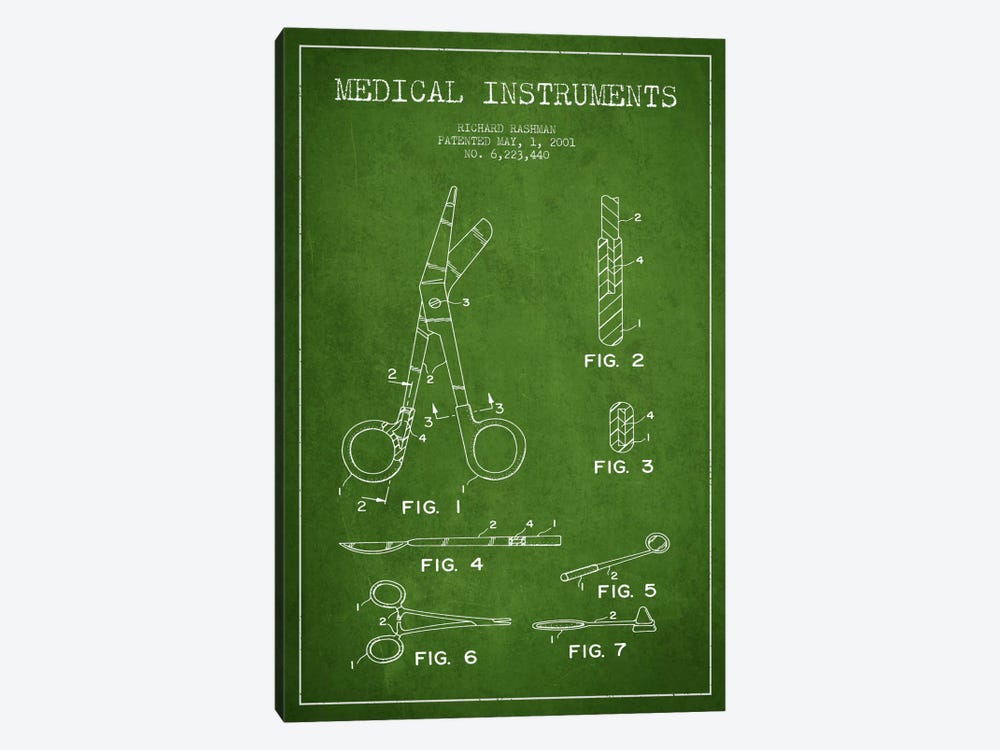 Medical Instruments Green Patent Blueprint by Aged Pixel 1-piece Art Print