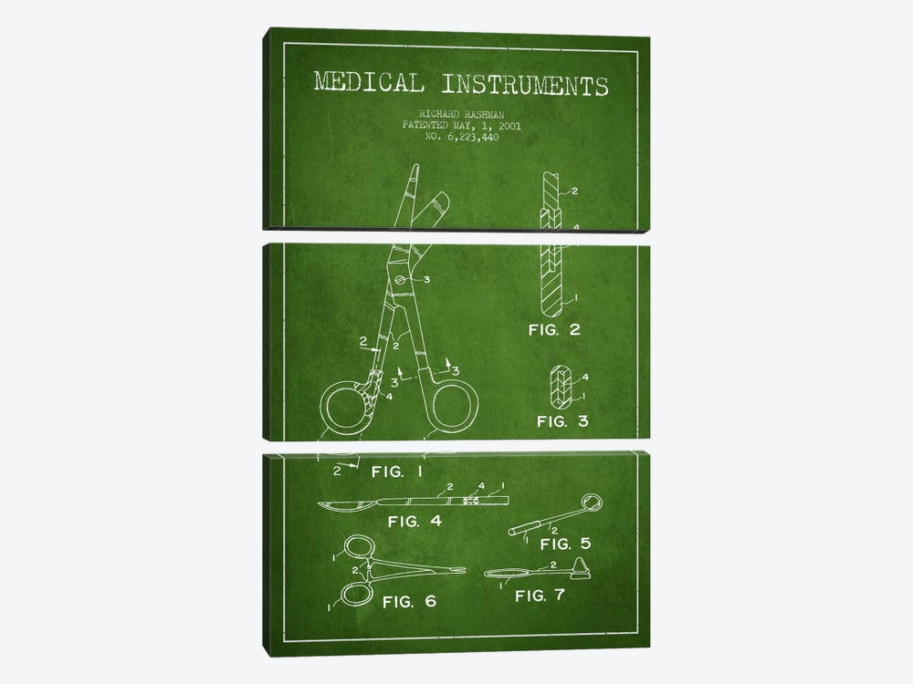 Medical Instruments Green Patent Blueprint by Aged Pixel 3-piece Canvas Print