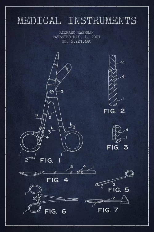 Medical Instruments Navy Blue Patent Blueprint by Aged Pixel wall art