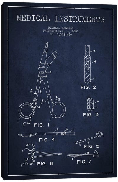 Medical Instruments Navy Blue Patent Blueprint Canvas Art Print - Medical & Dental Blueprints