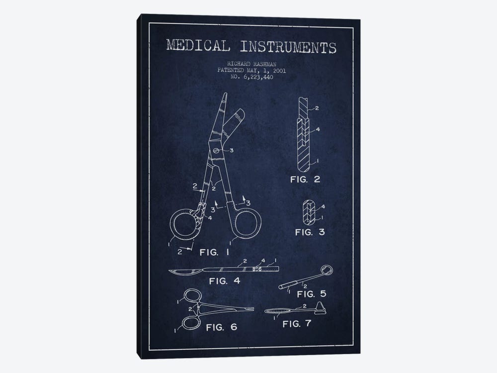 Medical Instruments Navy Blue Patent Blueprint by Aged Pixel 1-piece Canvas Art