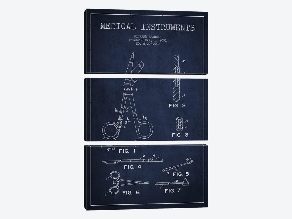 Medical Instruments Navy Blue Patent Blueprint by Aged Pixel 3-piece Canvas Art