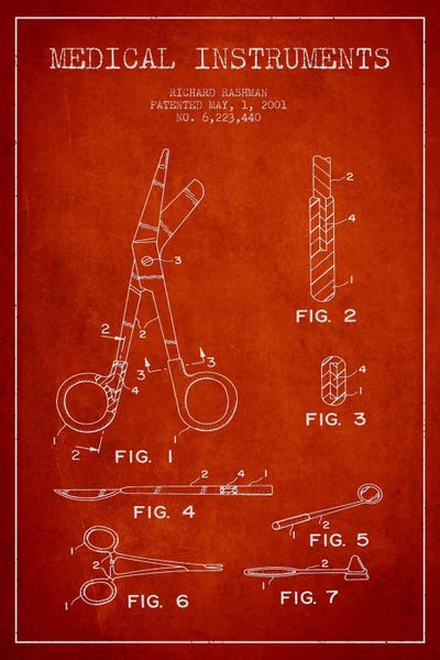 Medical Instruments Red Patent Blueprint by Aged Pixel canvas print