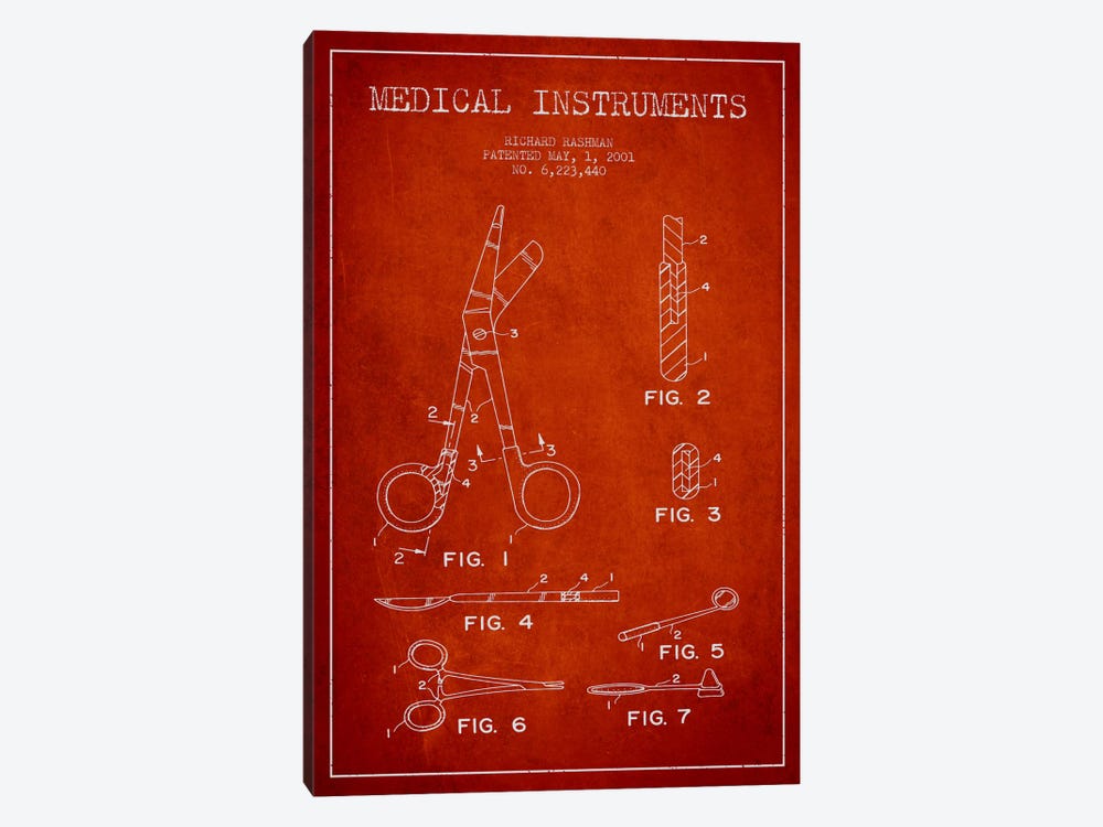 Medical Instruments Red Patent Blueprint by Aged Pixel 1-piece Canvas Print