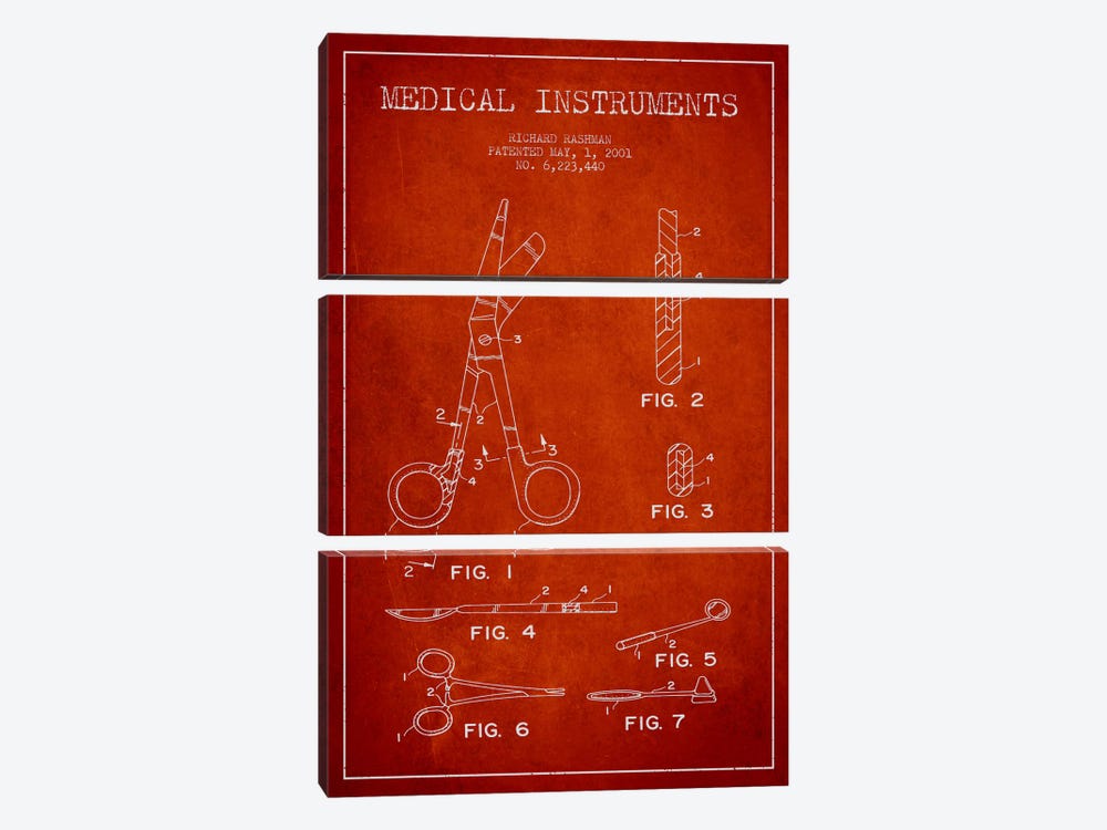 Medical Instruments Red Patent Blueprint by Aged Pixel 3-piece Canvas Print